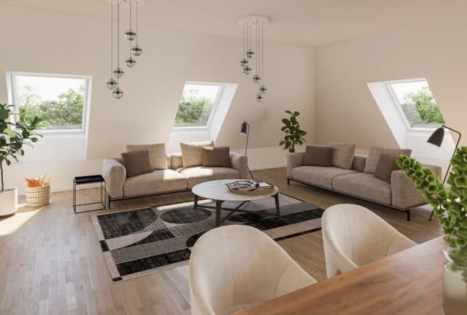 Salon mansardé avec plafond incliné et fenêtres de toit VELUX, décoration moderne.