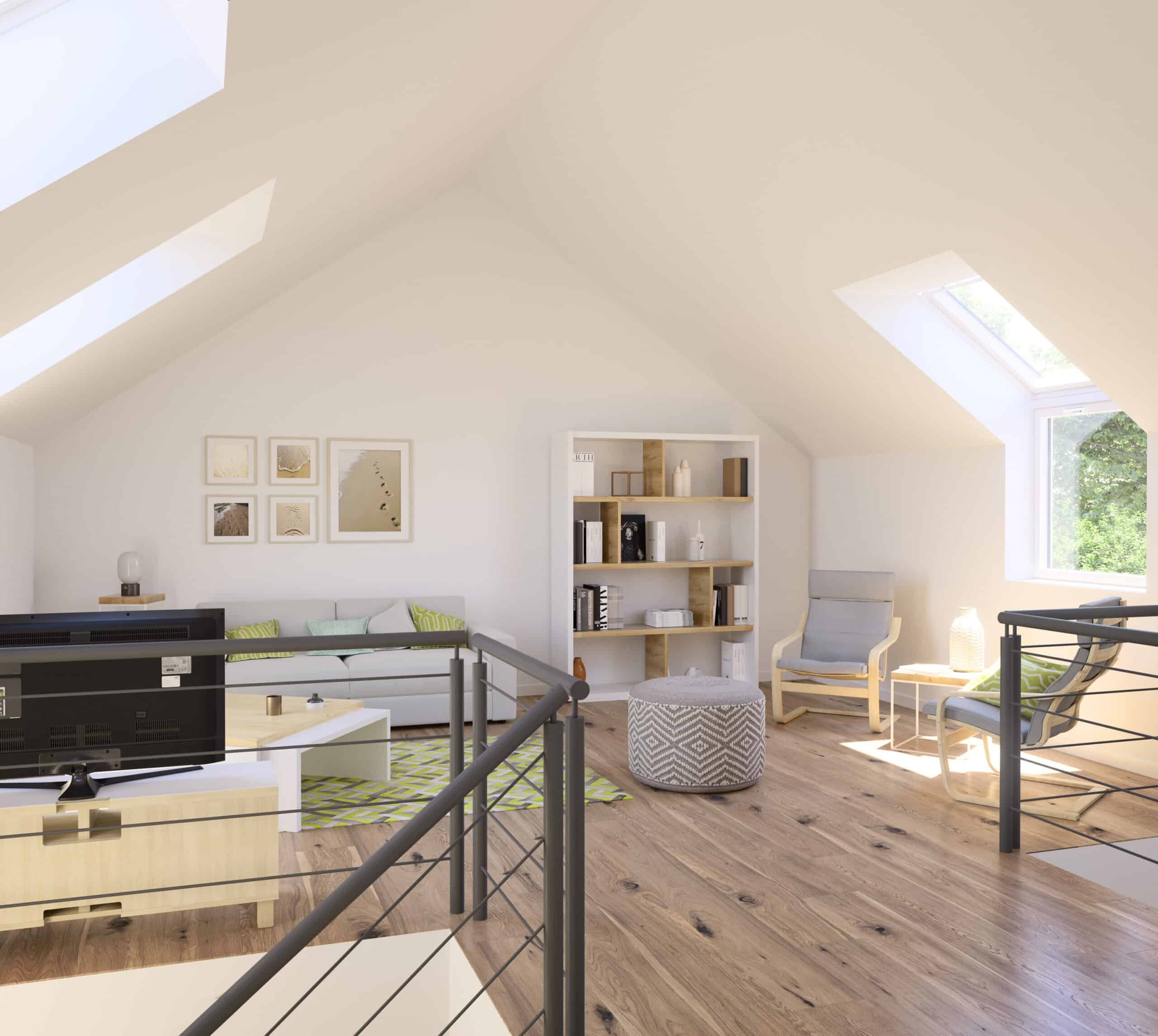 Espace de vie sous combles avec plafond en pente et fen&ecirc;tres de toit VELUX, mobilier moderne.