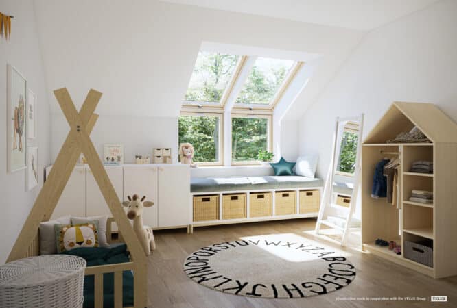 Chambre d'enfant sous pente avec des rangements