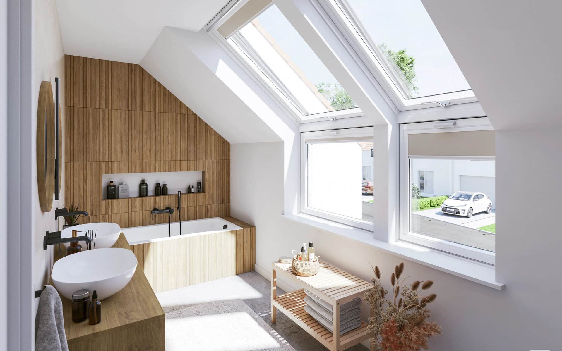 Salle de bains mansardée moderne avec plafond incliné et grandes fenêtres de toit VELUX, accents en bois.