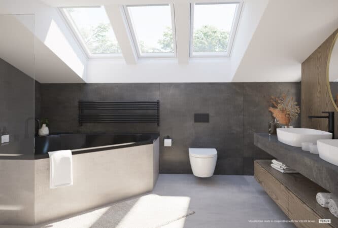 Salle de bains sous combles lumineuse grâce à l'installation de fenêtres de toit velux