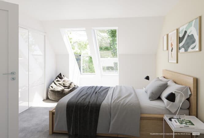 Chambre sous comble doté de fenêtre de toit balcon ouverte sur la nature environnante