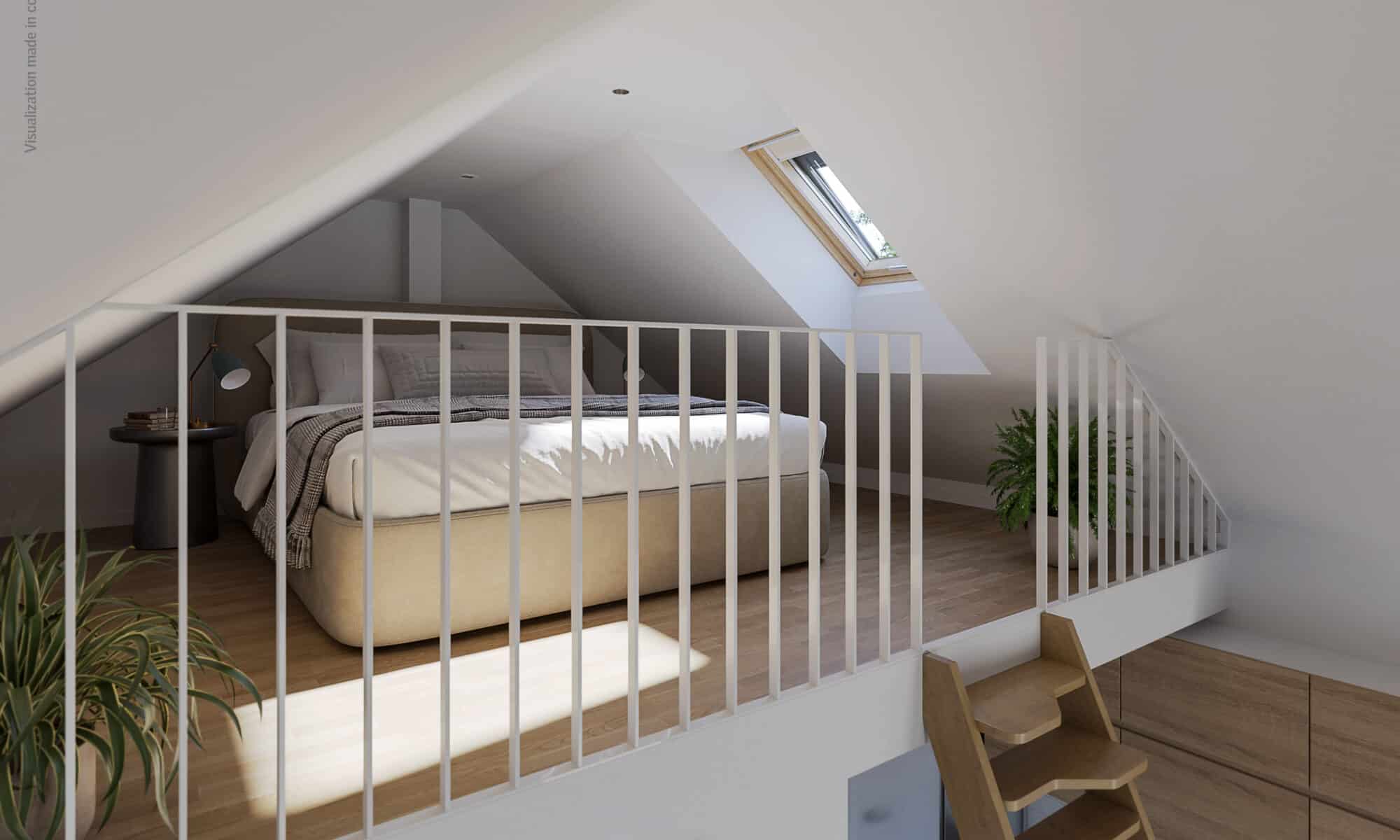 Chambre mansardée avec plafond en pente et fenêtre de toit VELUX, baignée de lumière naturelle.