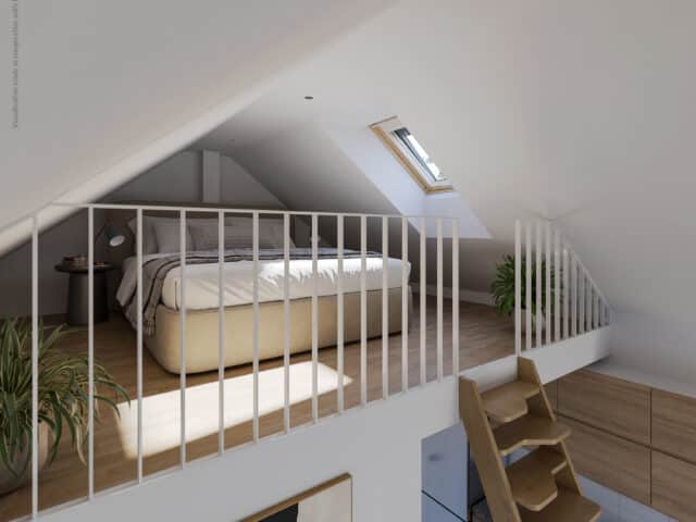 Chambre mansardée avec plafond en pente et fenêtre de toit VELUX, baignée de lumière naturelle.