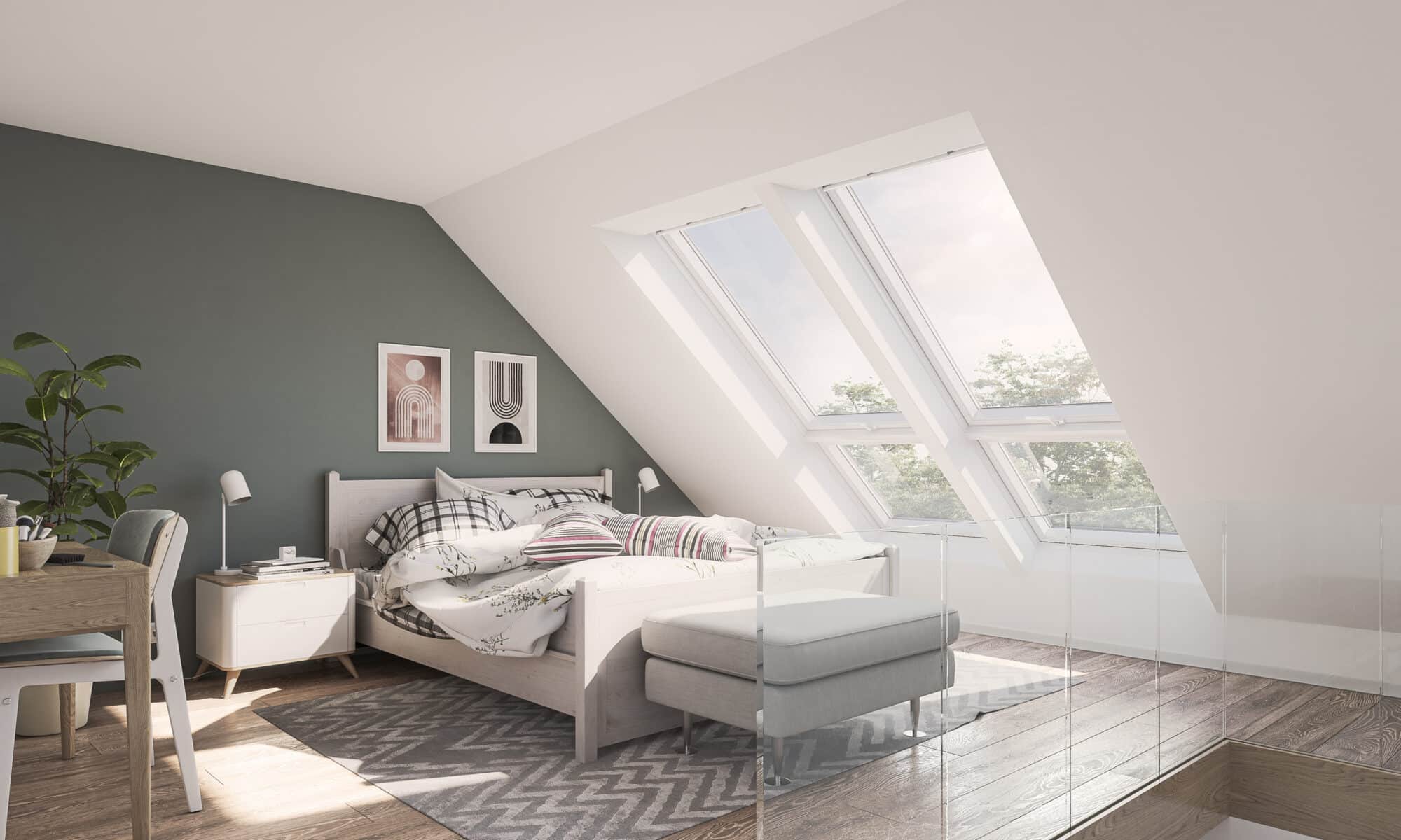 Chambre mansardée avec plafond en pente et grandes fenêtres de toit VELUX.
