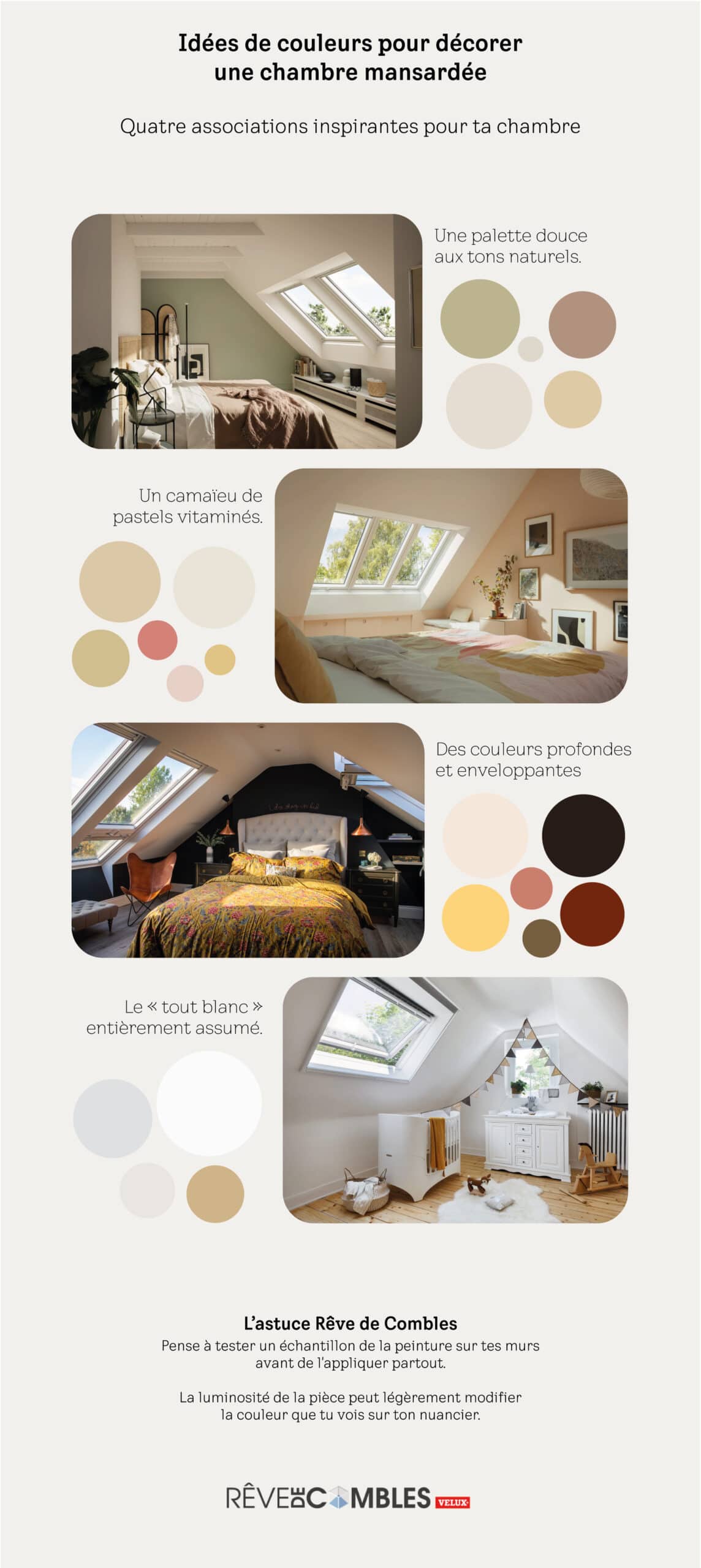Infographie pr&eacute;sentant quatre id&eacute;es de couleurs pour une chambre mansard&eacute;e : tons naturels, pastels, couleurs profondes et d&eacute;coration tout en blanc