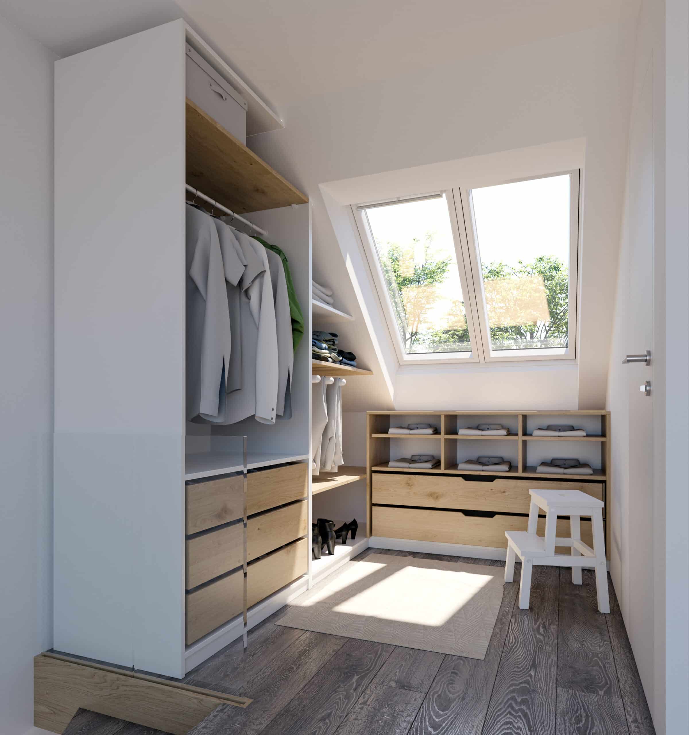 Dressing avec placards en bois et fen&ecirc;tre de toit VELUX, laissant entrer la lumi&egrave;re naturelle.