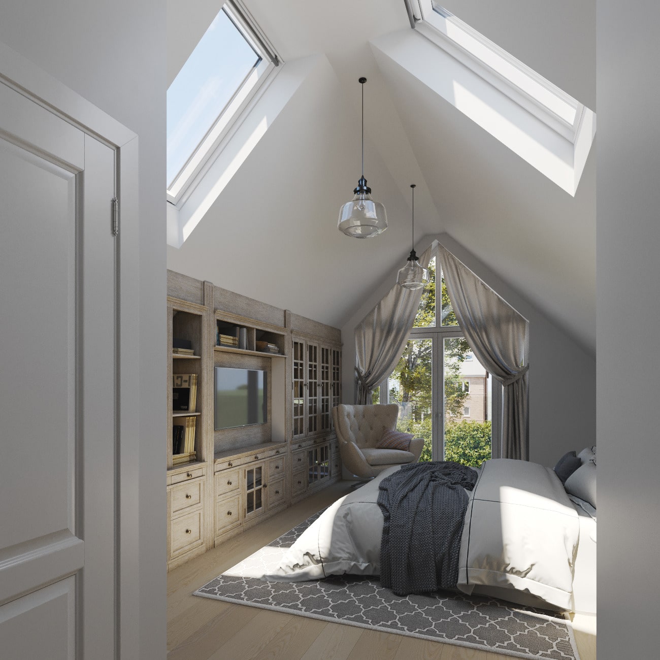 Chambre sous les combles avec plafond en pente, fen&ecirc;tres VELUX et rideaux sur tringle inclin&eacute;e.