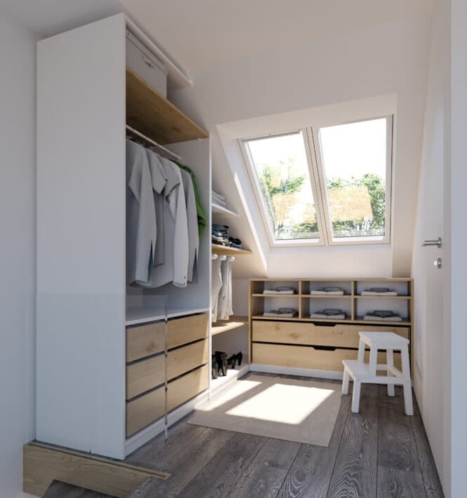 Placard avec armoires en bois et fenêtre de toit VELUX, qui laisse entrer la lumière naturelle.