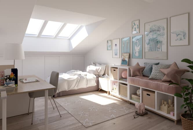 Chambre mansardée avec plafond en pente et fenêtres de toit VELUX, décoration chaleureuse