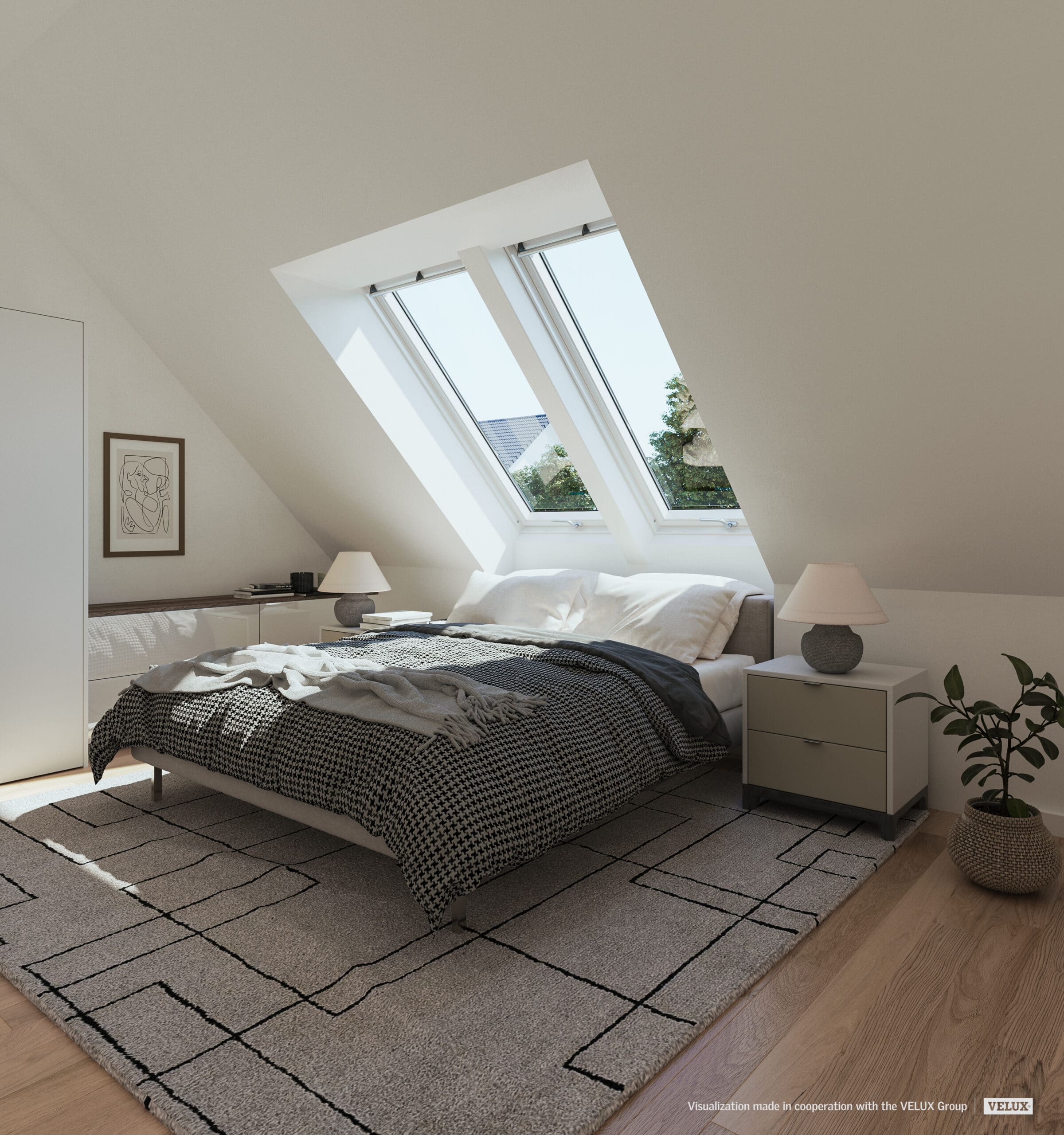 Chambre mansard&eacute;e d'un c&ocirc;t&eacute; avec plafond en pente et fen&ecirc;tres de toit VELUX laissant entrer la lumi&egrave;re naturelle.