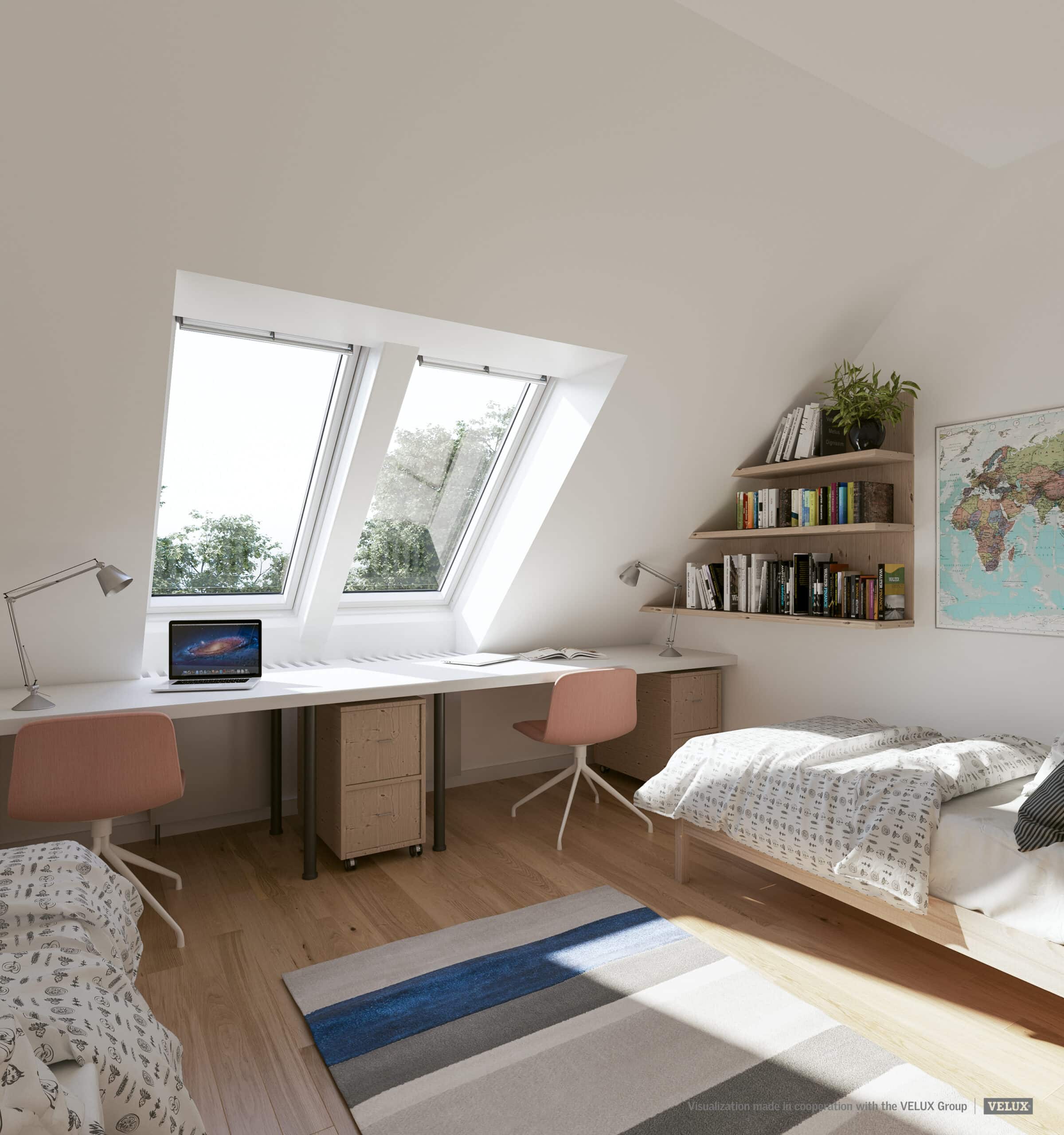 Chambre sous les combles avec plafond en pente et fen&ecirc;tres de toit VELUX, lumineuse et chaleureuse.