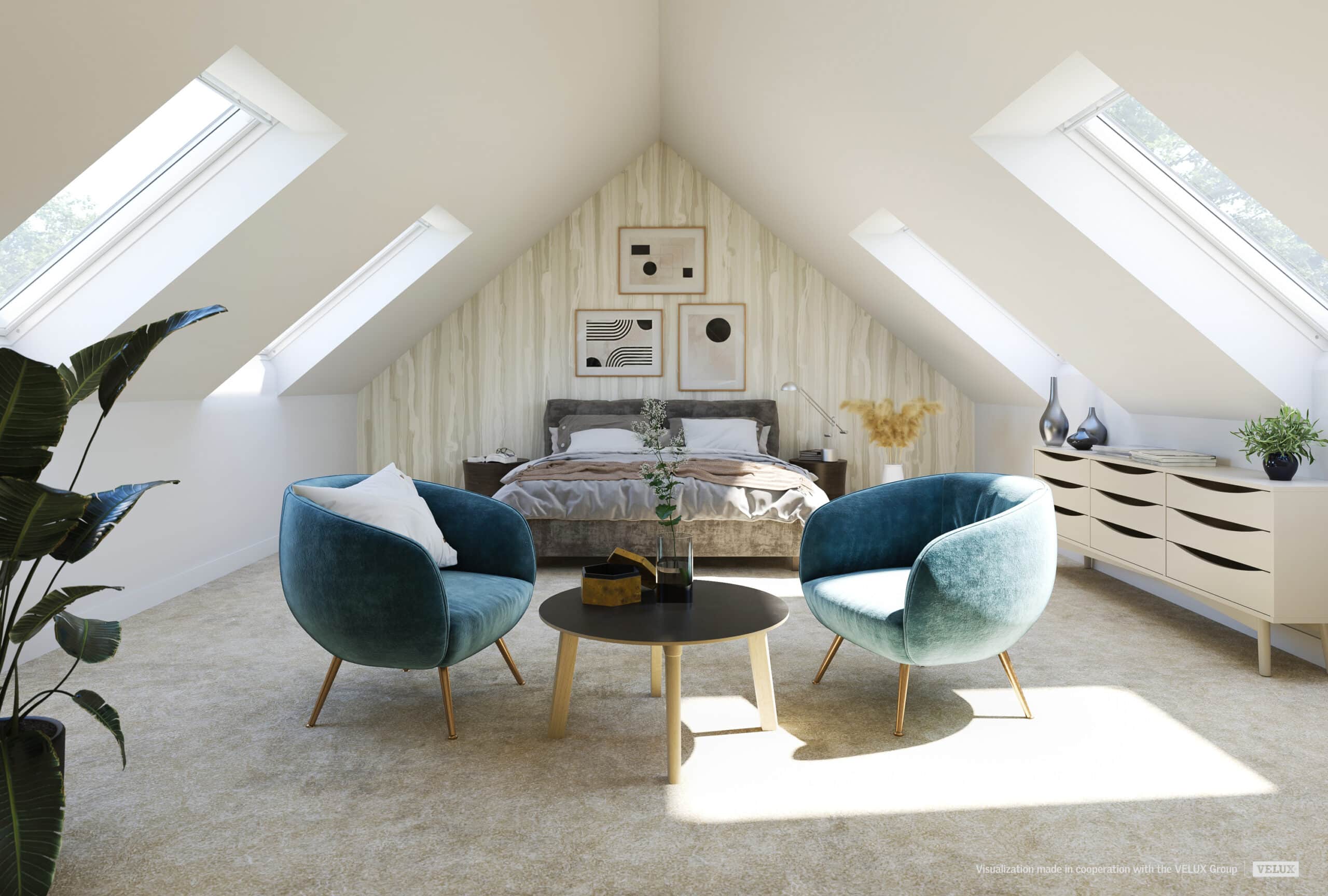 Chambre sous les combles avec plafond en pente et fen&ecirc;tres de toit VELUX, chaleureuse et lumineuse.