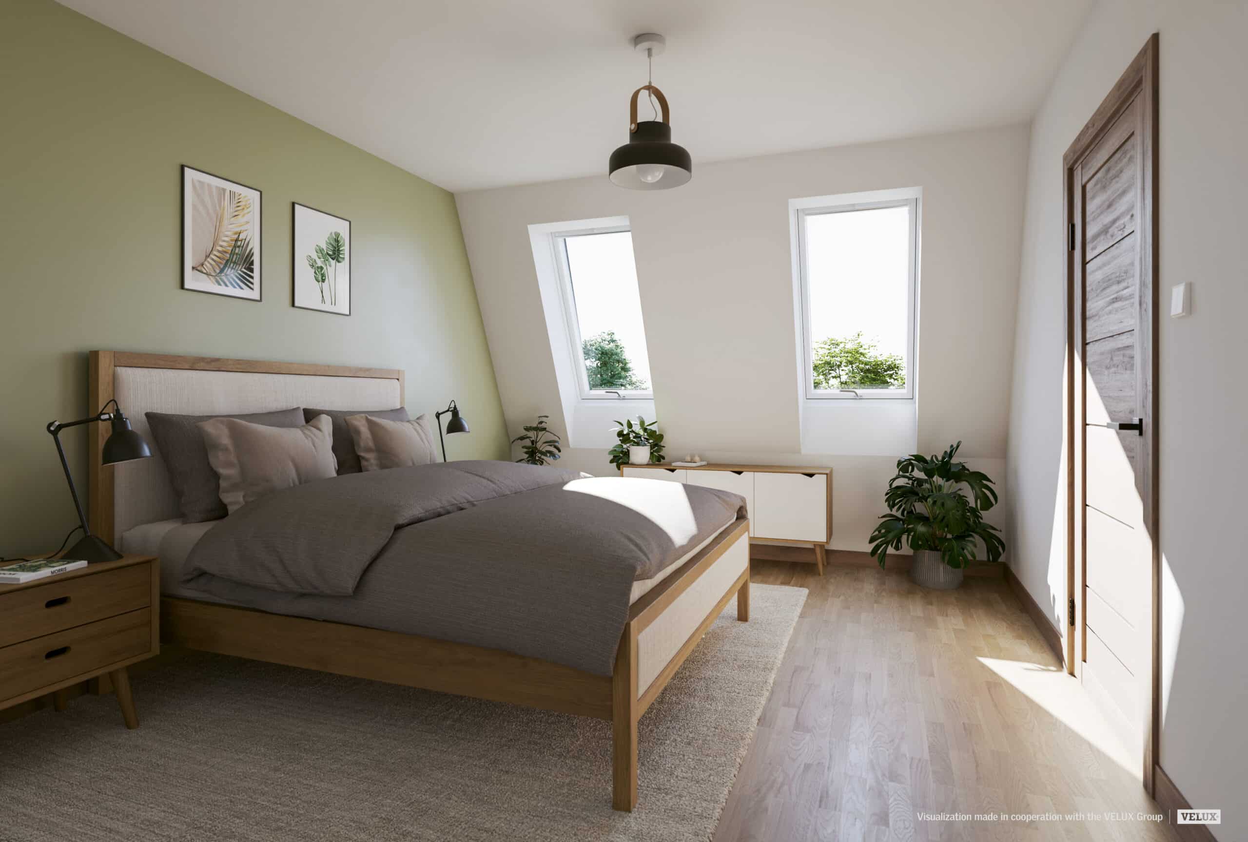 Chambre sous combles avec plafond en pente et fen&ecirc;tres de toit VELUX, d&eacute;coration chaleureuse.