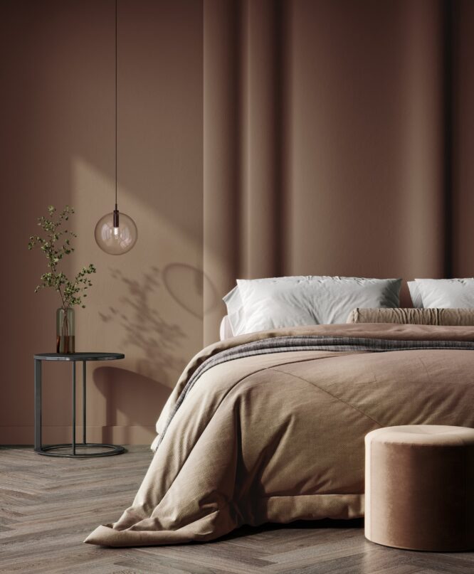 Bedroom in pastel tone Mocha Mousse color trend 2025 year panton furniture and background