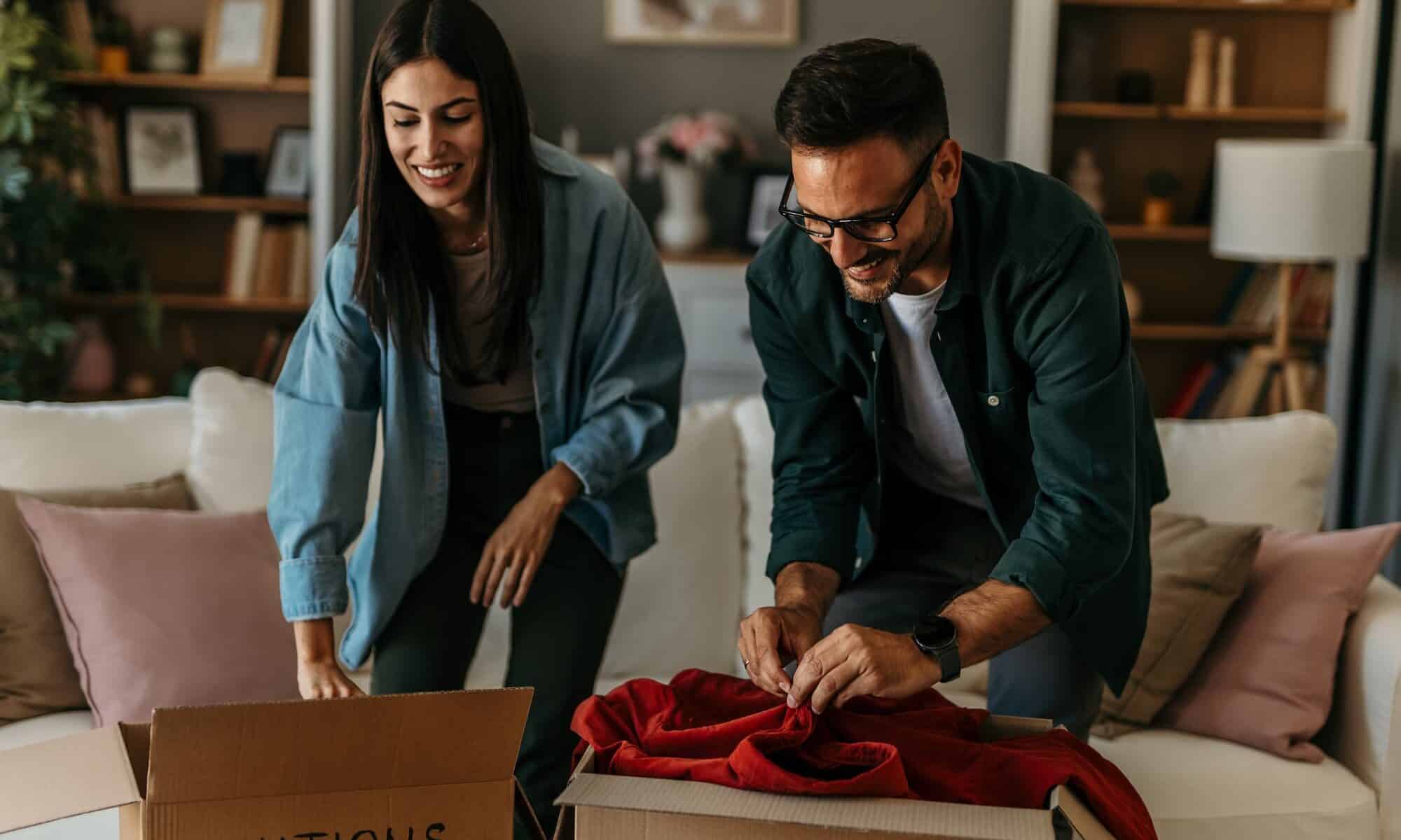 Un homme et une femme pliant et empilant des vêtements