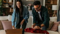 Un homme et une femme pliant et empilant des vêtements