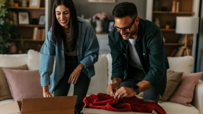 Un homme et une femme pliant et empilant des vêtements
