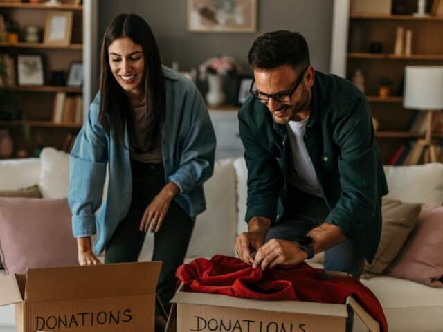Un homme et une femme pliant et empilant des vêtements
