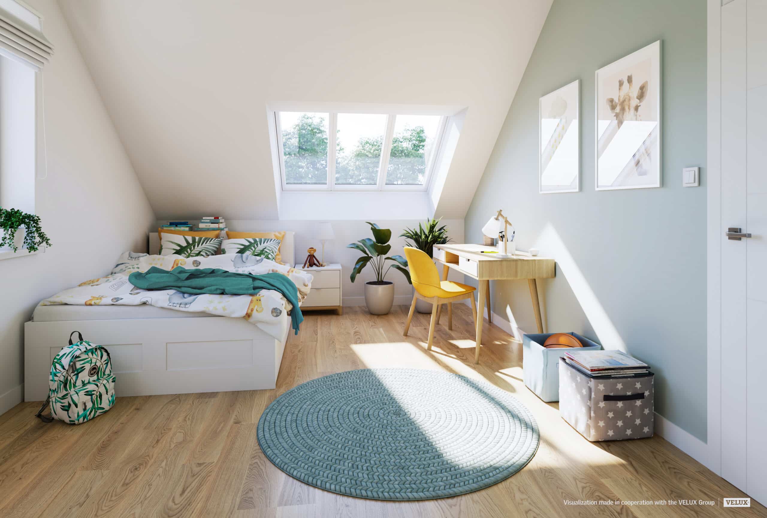 Chambre mansard&eacute;e avec plafond en pente et fen&ecirc;tre de toit VELUX, d&eacute;coration lumineuse et chaleureuse.