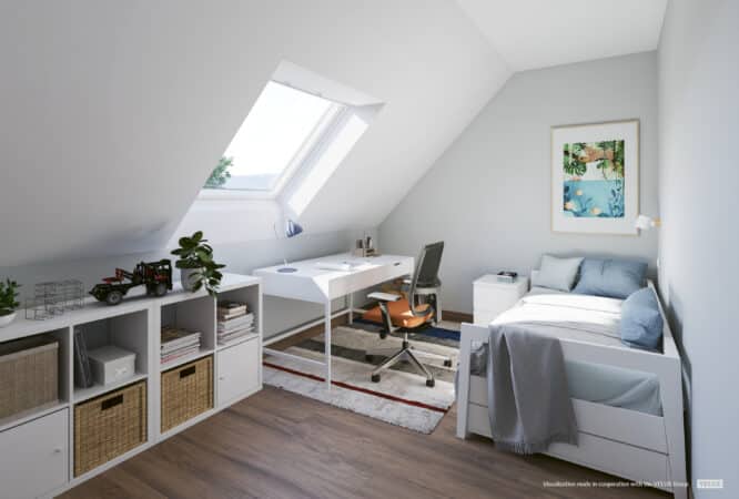 Chambre mansardée avec plafond en pente et fenêtre de toit VELUX, décoration moderne.