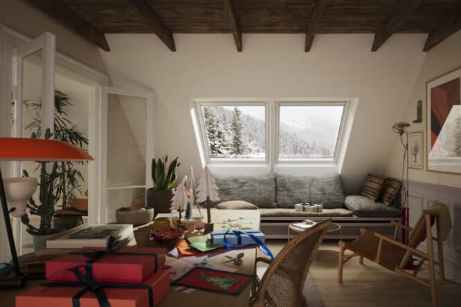 Chambre mansardée avec plafond en pente, fenêtres de toit VELUX, vue sur un paysage hivernal.