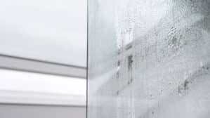 Gros plan sur des gouttelettes de condensation sur une surface en verre, créant un motif texturé.