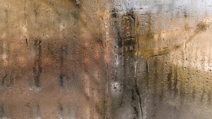 Problème de condensation : des gouttelettes d'eau se forment sur la fenêtre en raison d'un taux d'humidité élevé dans l'air. La surface vitrée reste constamment humide dans une pièce humide. Fond vitré humide.