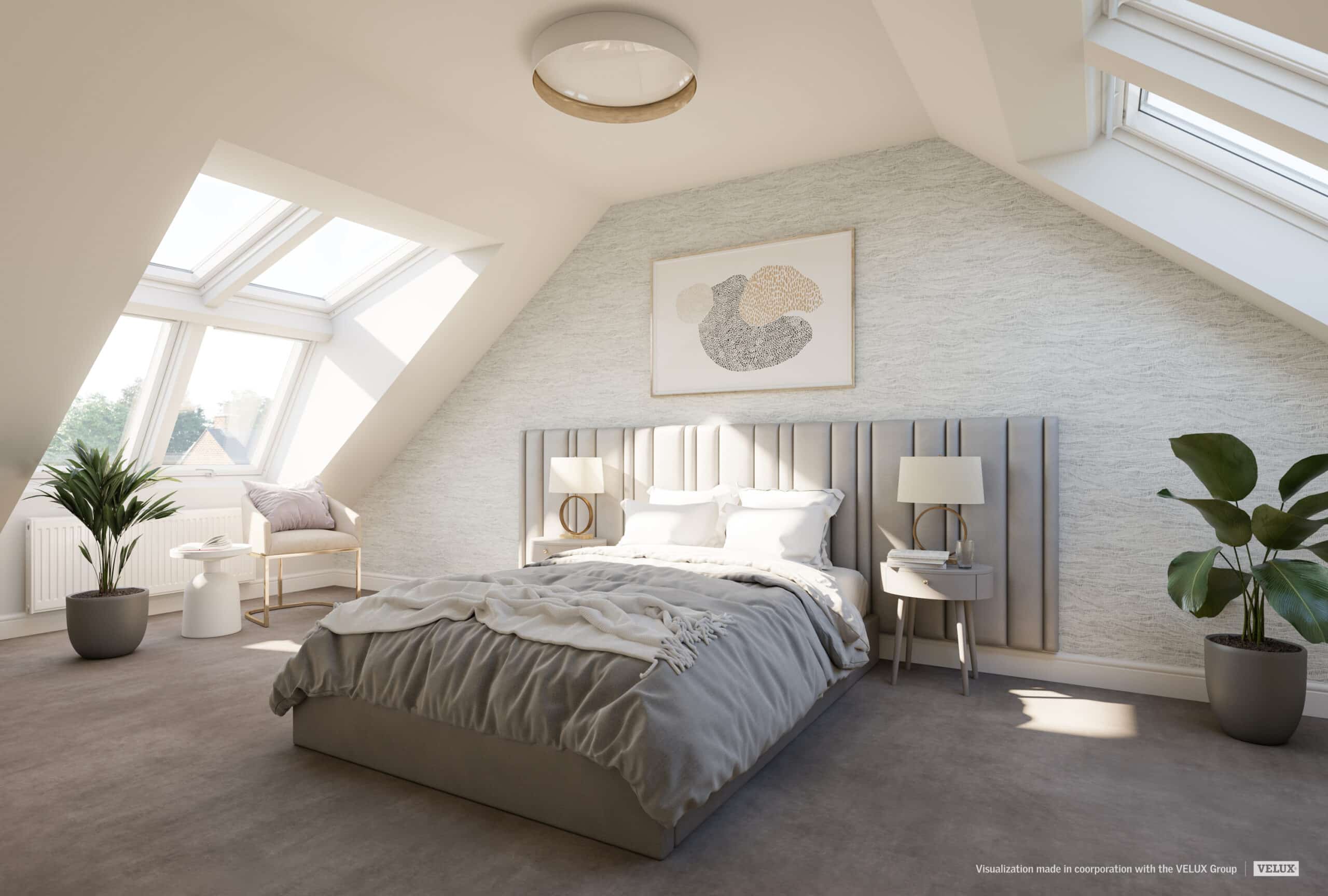 Chambre mansard&eacute;e avec plafond en pente et fen&ecirc;tres de toit VELUX, lumineuse et a&eacute;r&eacute;e.