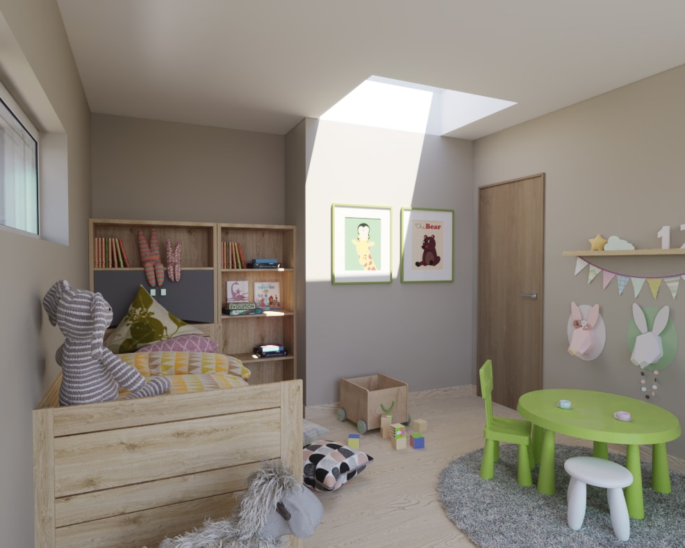 Chambre d'enfant avec plafond mansard&eacute; et fen&ecirc;tre de toit VELUX, d&eacute;coration ludique et jouets.