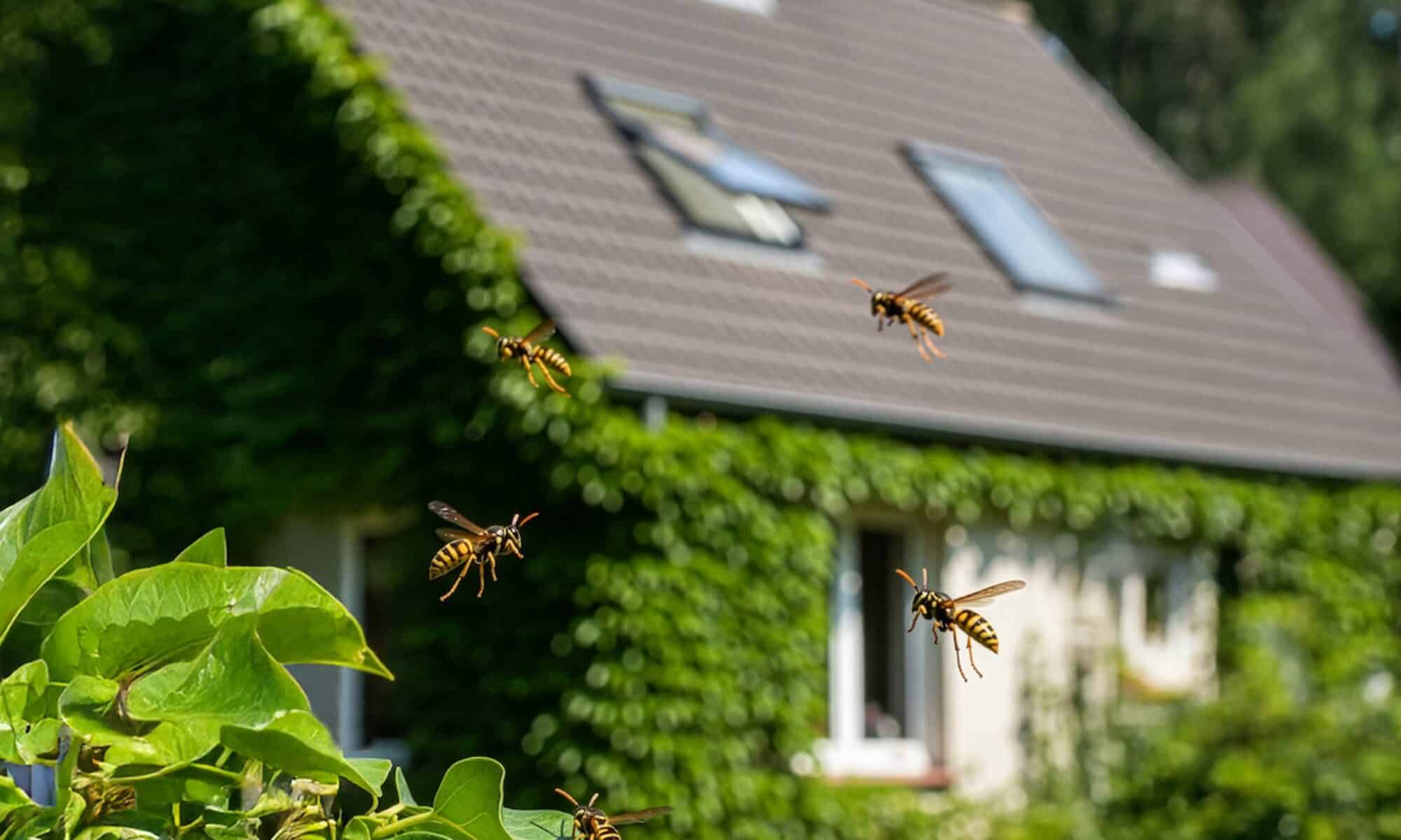 Colonie de frelons fabricant un nid devant une maison d'habitation.