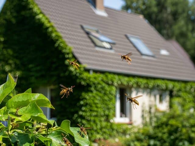 Colonie de frelons fabricant un nid devant une maison d'habitation.