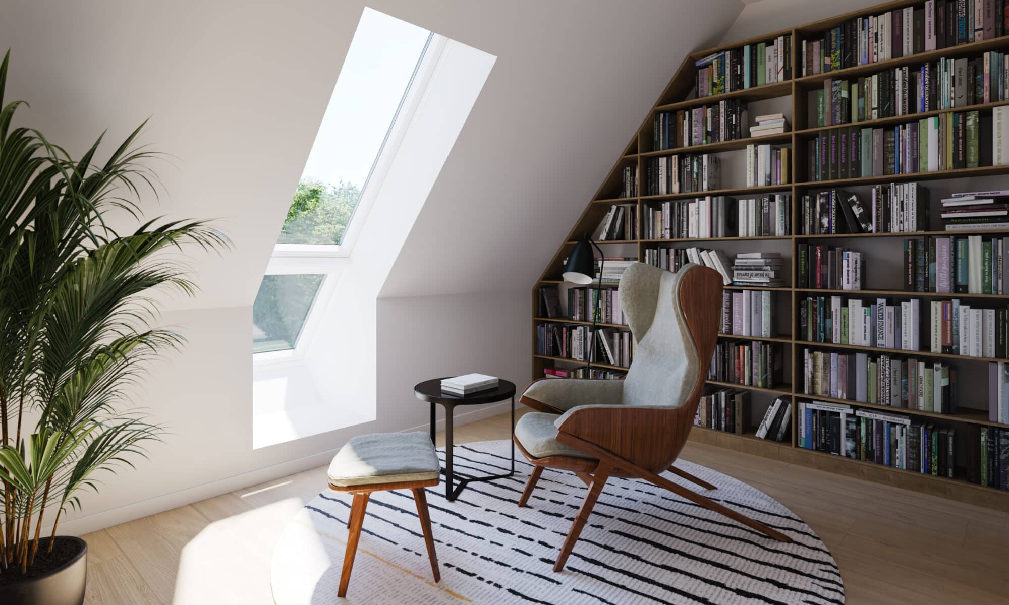Coin lecture sous les combles avec fenêtre de toit VELUX et bibliothèque remplie de livres.