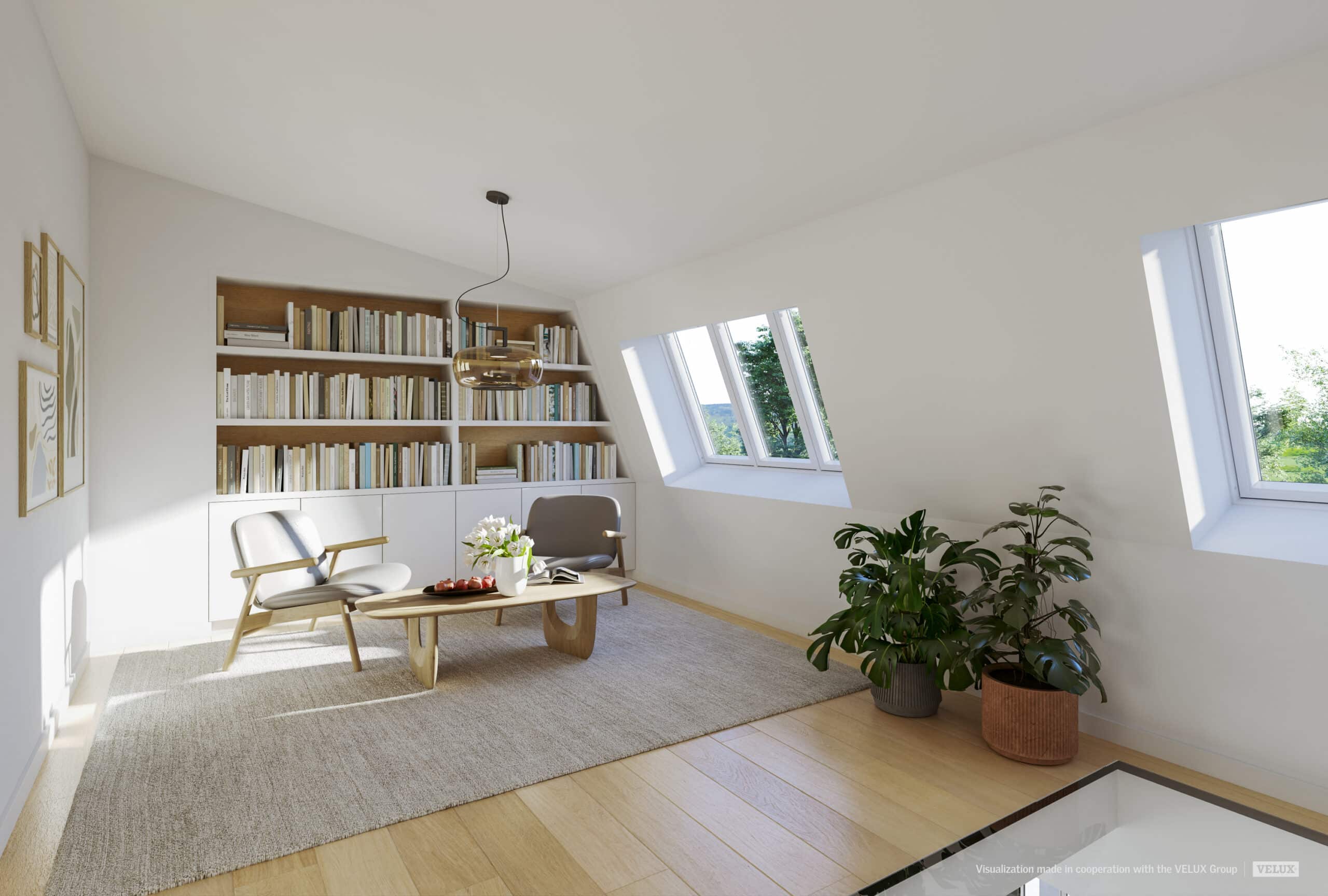 Pièce mansardée avec plafond en pente, fenêtres de toit VELUX et coin lecture.