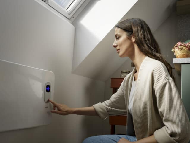 Chambre sous les combles avec plafond en pente et fenêtre de toit VELUX, personne réglant un panneau chauffant
