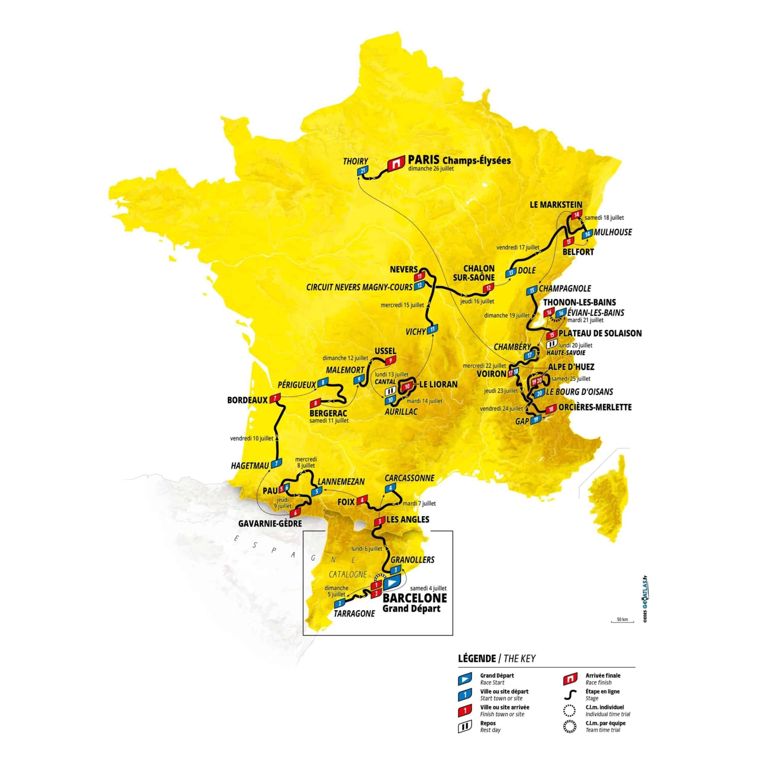 Carte du parcours du Tour de France, avec des étapes à travers la France et un départ à Barcelone.