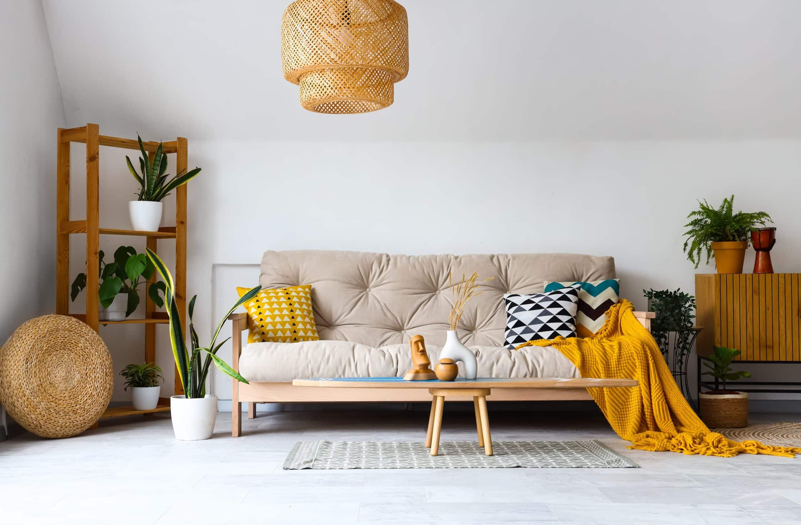 Intérieur d'un salon clair avec canapé blanc confortable, planche de surf et décor