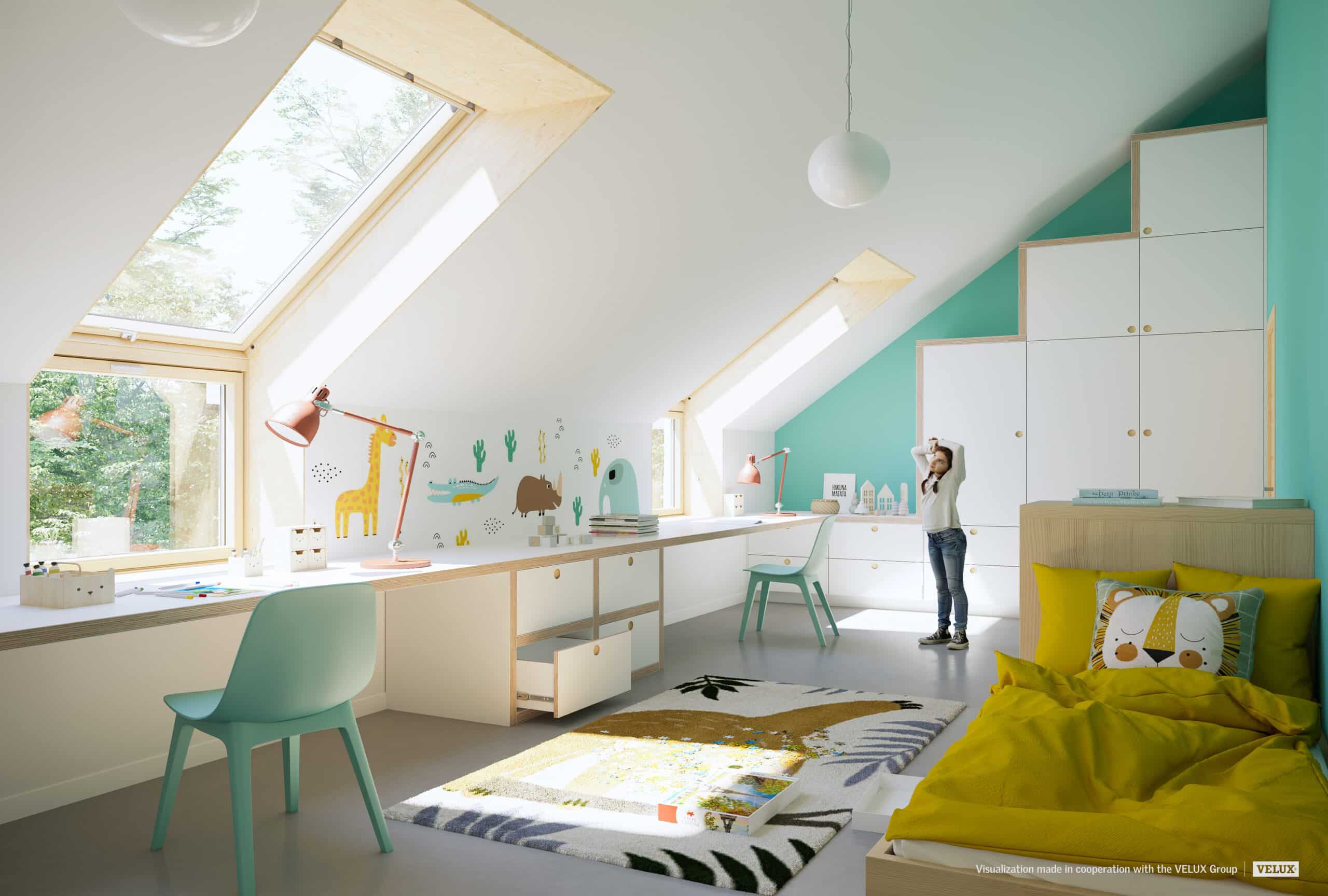 Chambre d'enfant sous les combles avec plafond en pente et fen&ecirc;tres de toit VELUX, d&eacute;coration color&eacute;e.